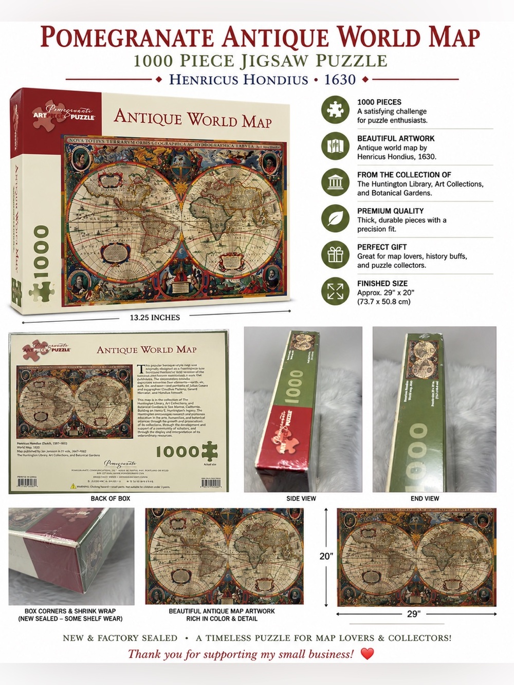 Pomegranate Antique World Map Henricus Hondius 1630 1000 Piece Puzzle New Sealed